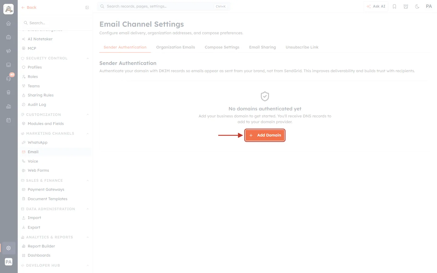 The Add Domain button