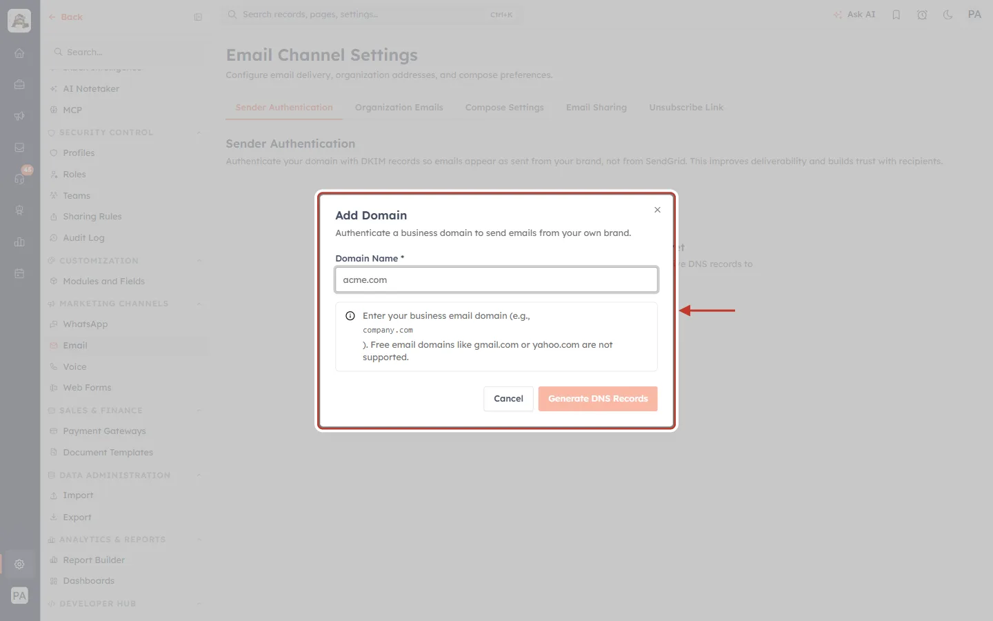 The empty Add Domain dialog