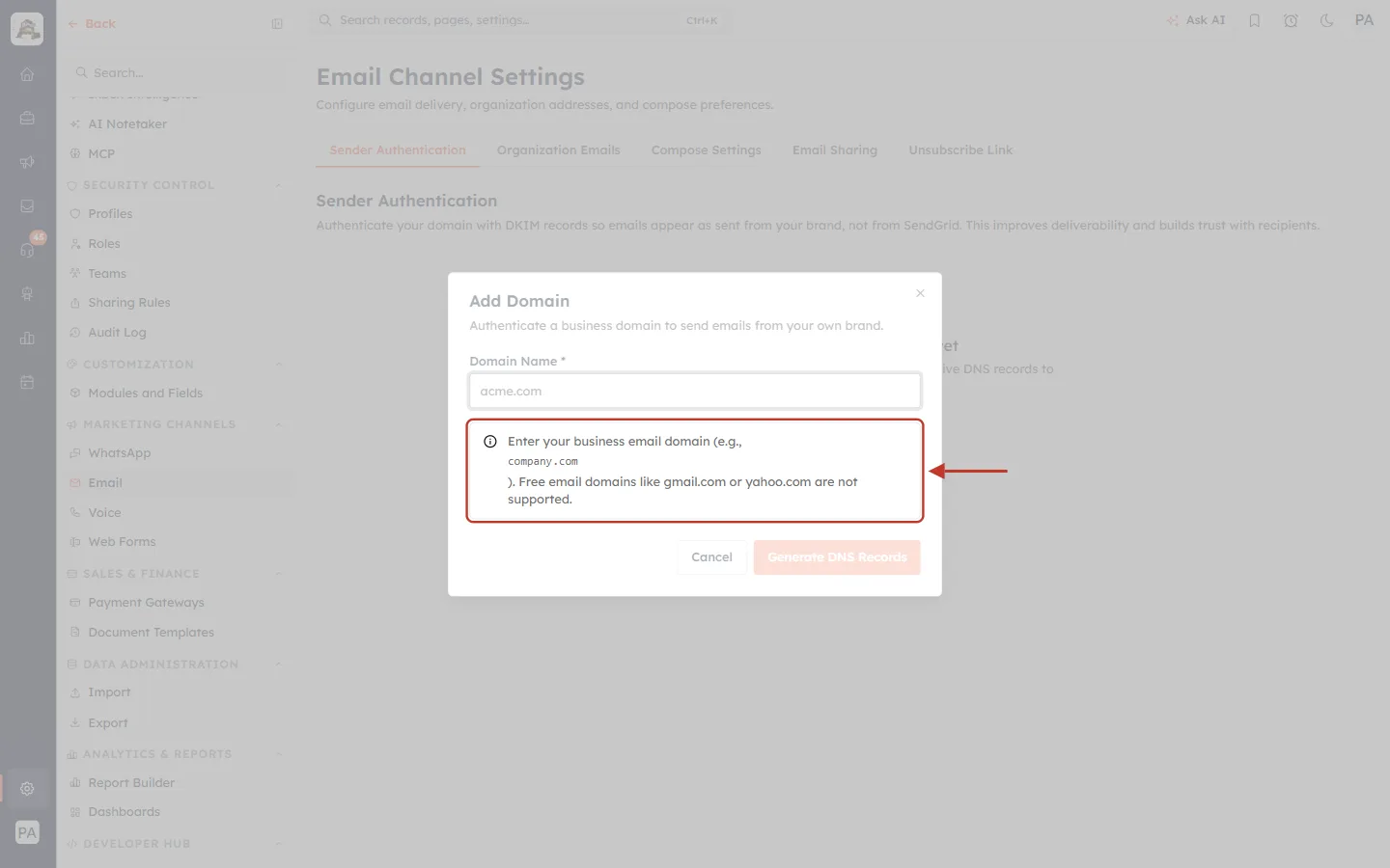 The note about free email domains
