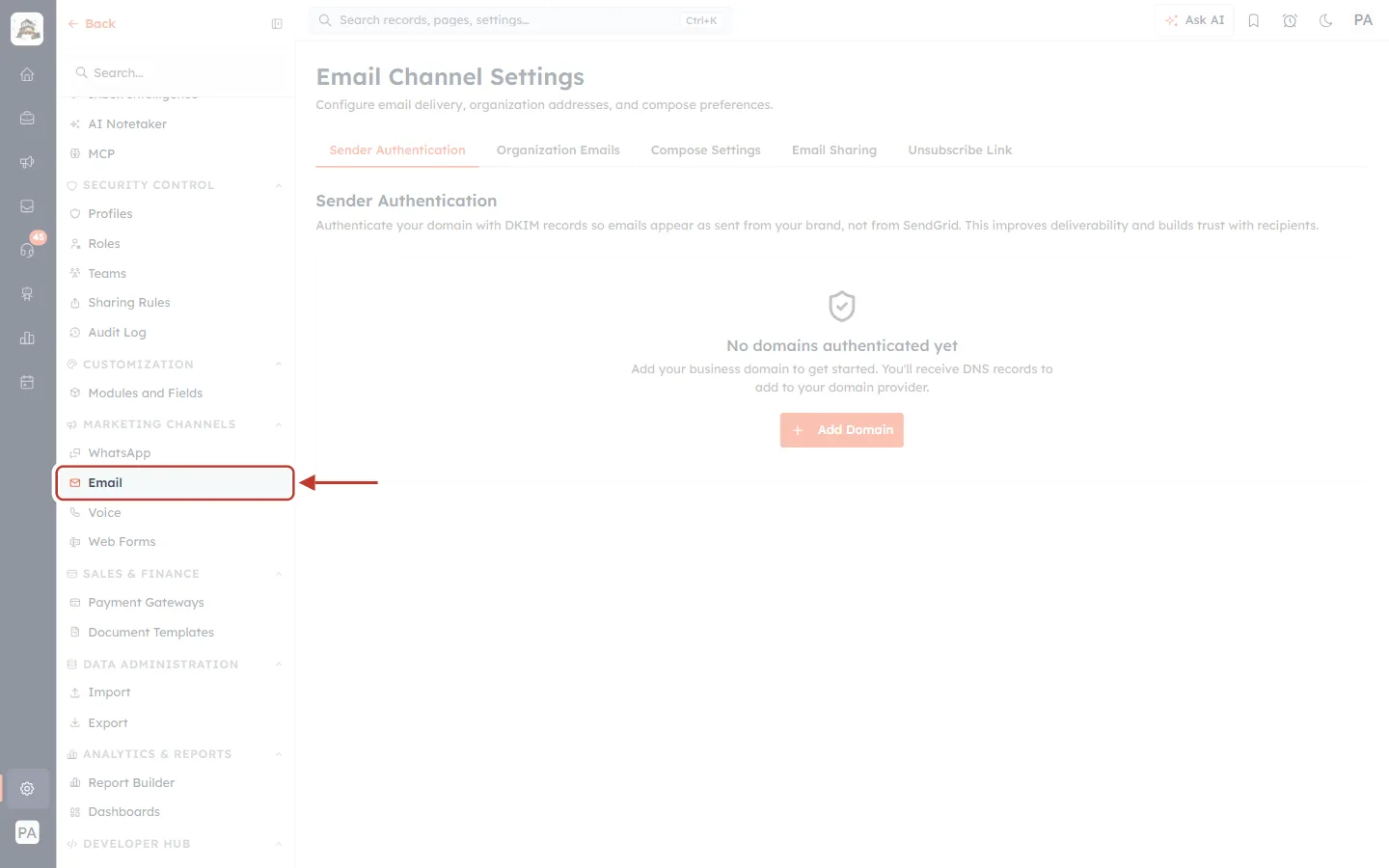 Email under Marketing Channels in the Settings menu