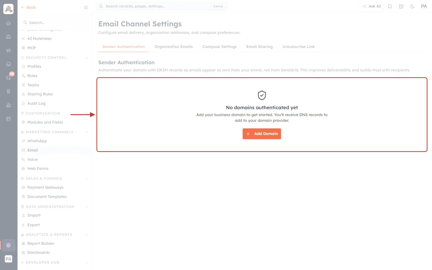 No domains authenticated yet