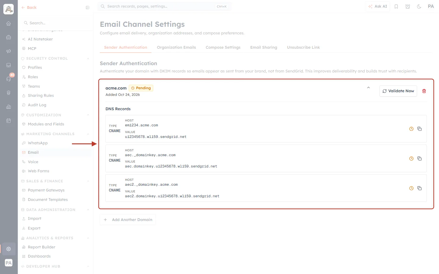 The new domain card with its DNS records