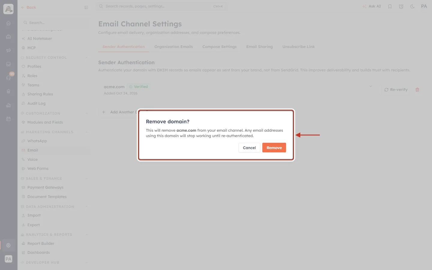 Remove domain? confirmation