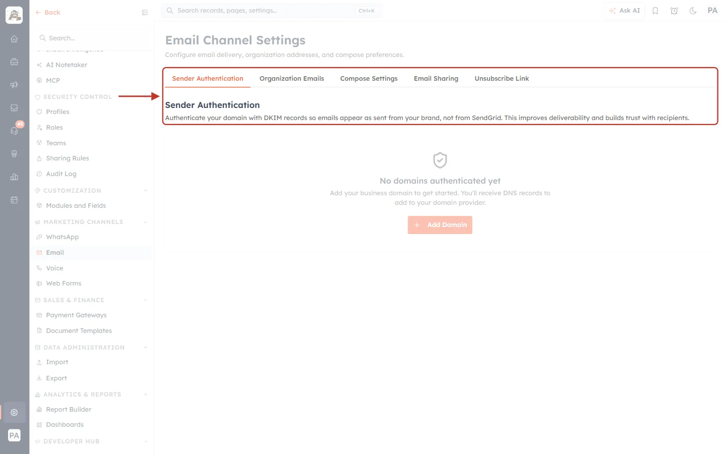 The Sender Authentication tab