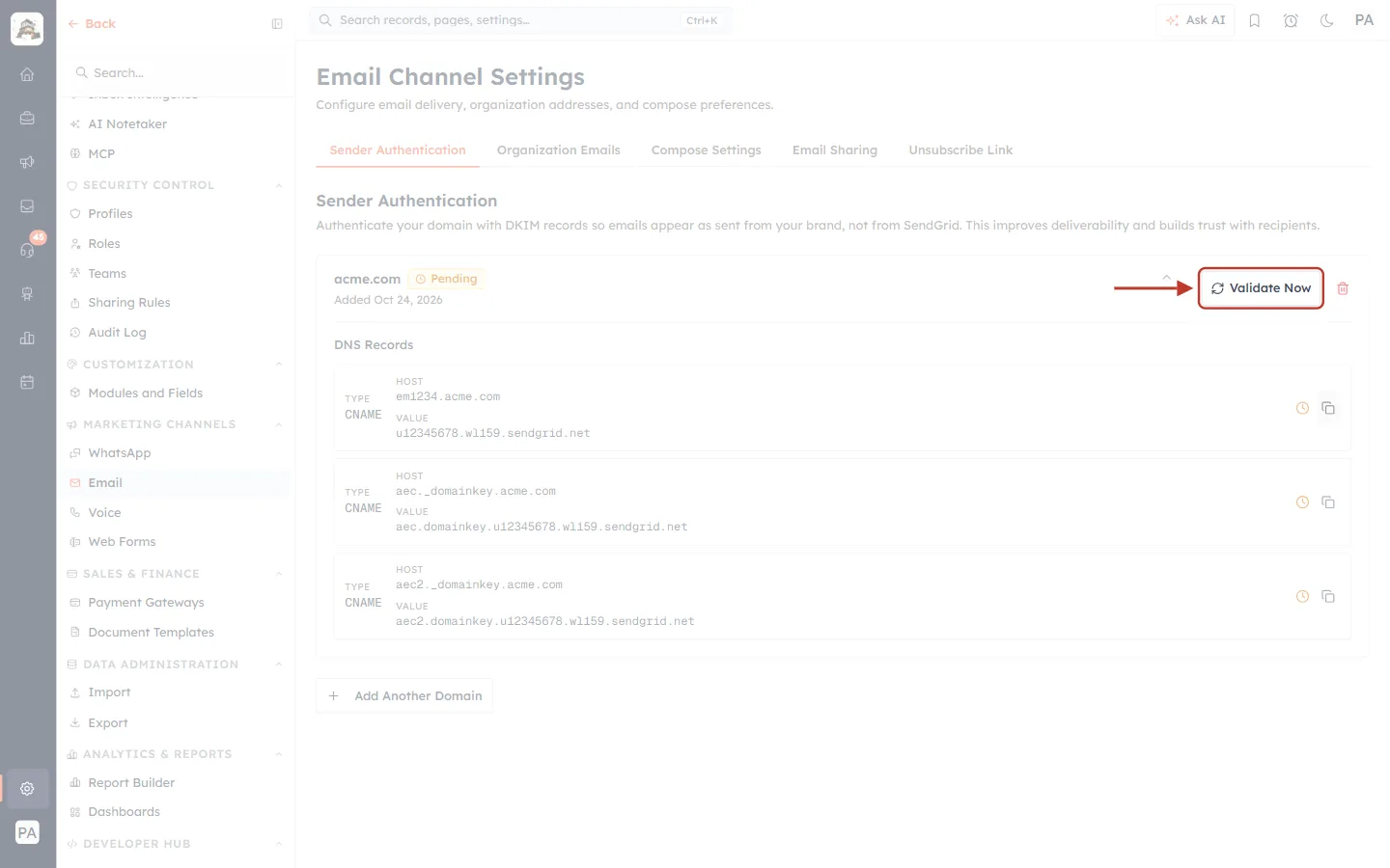 The Validate Now button