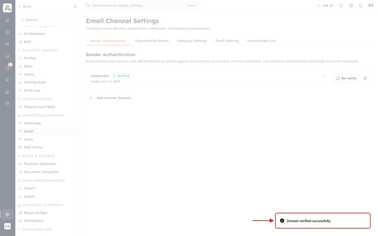 Domain verified successfully