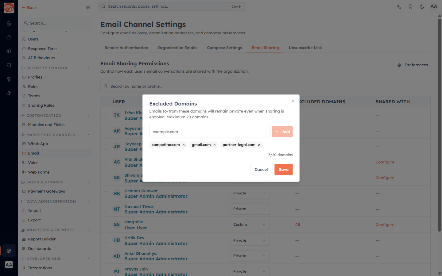 Adding excluded domains so those conversations stay private