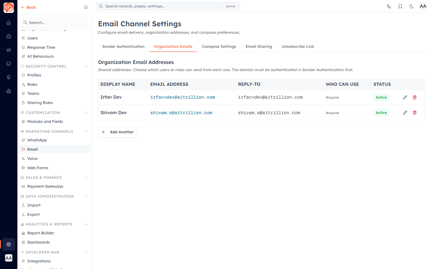 The Organization Emails tab with the Who can use column