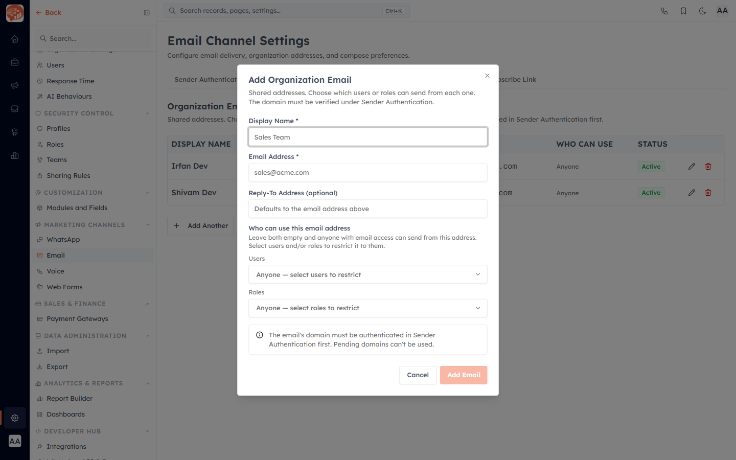 Restricting an organisation email address to specific users and roles