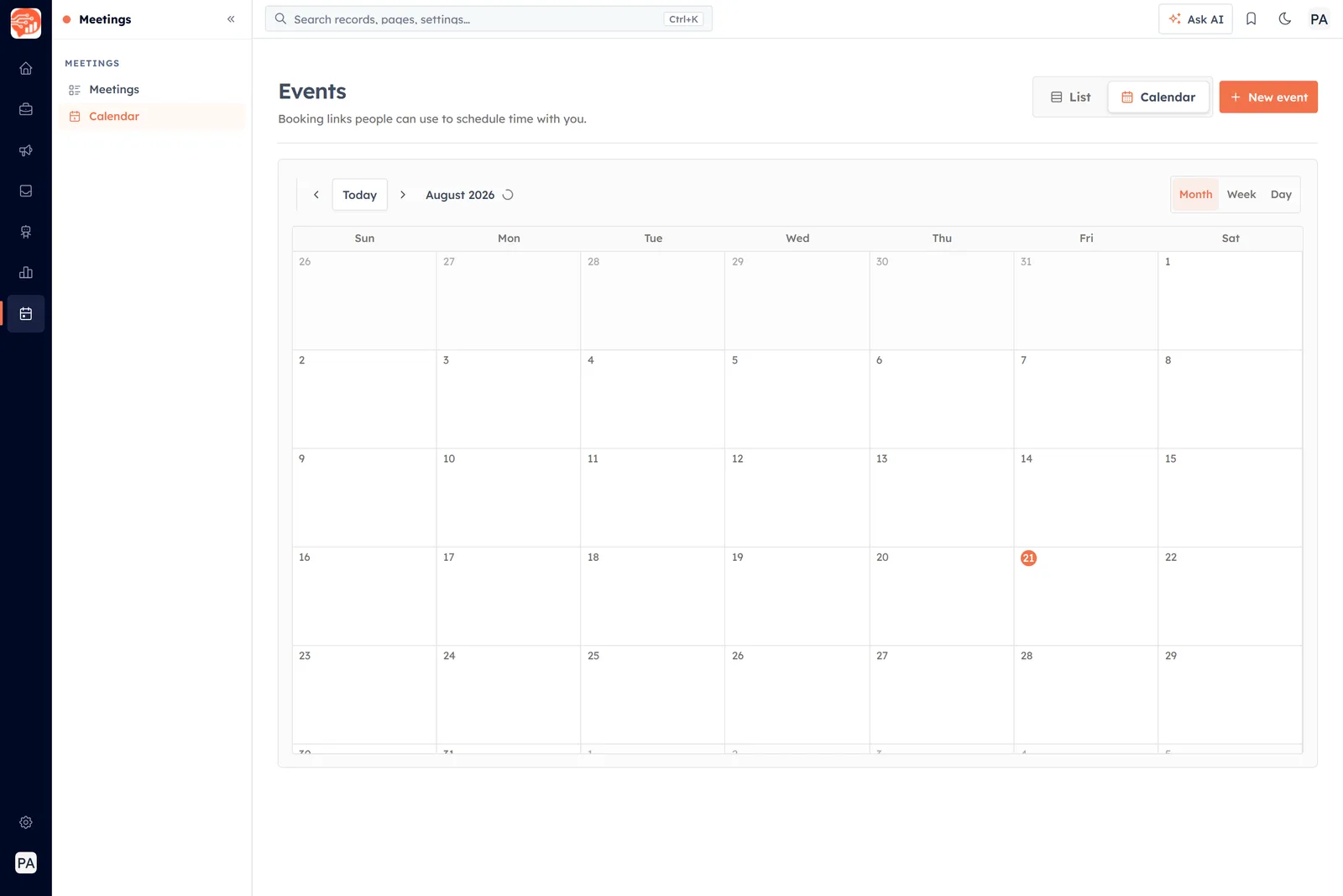 The same Events screen in Calendar view, showing a month grid with Month, Week and Day options