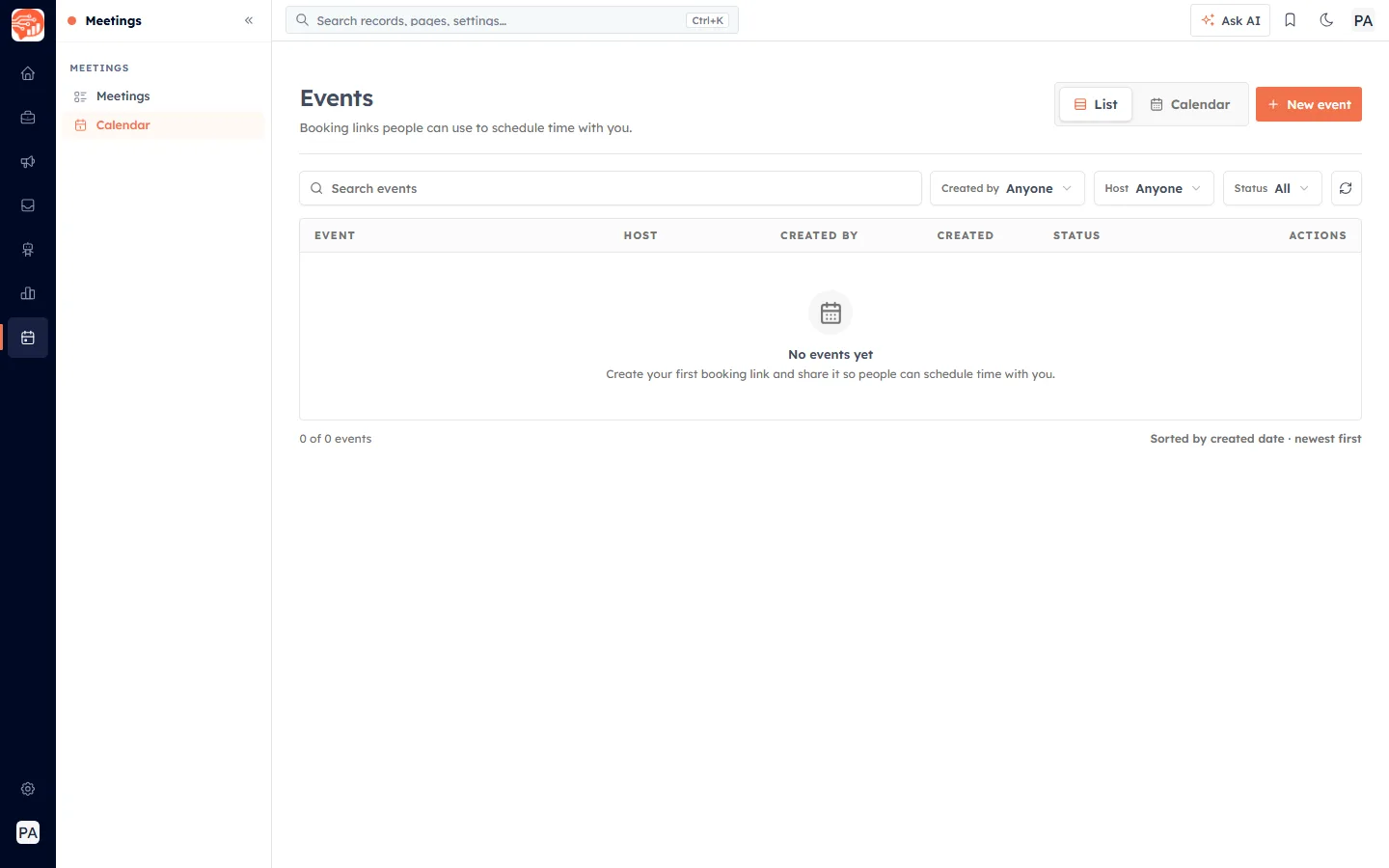 The Events screen under Meetings → Calendar, with the New event button in the top right