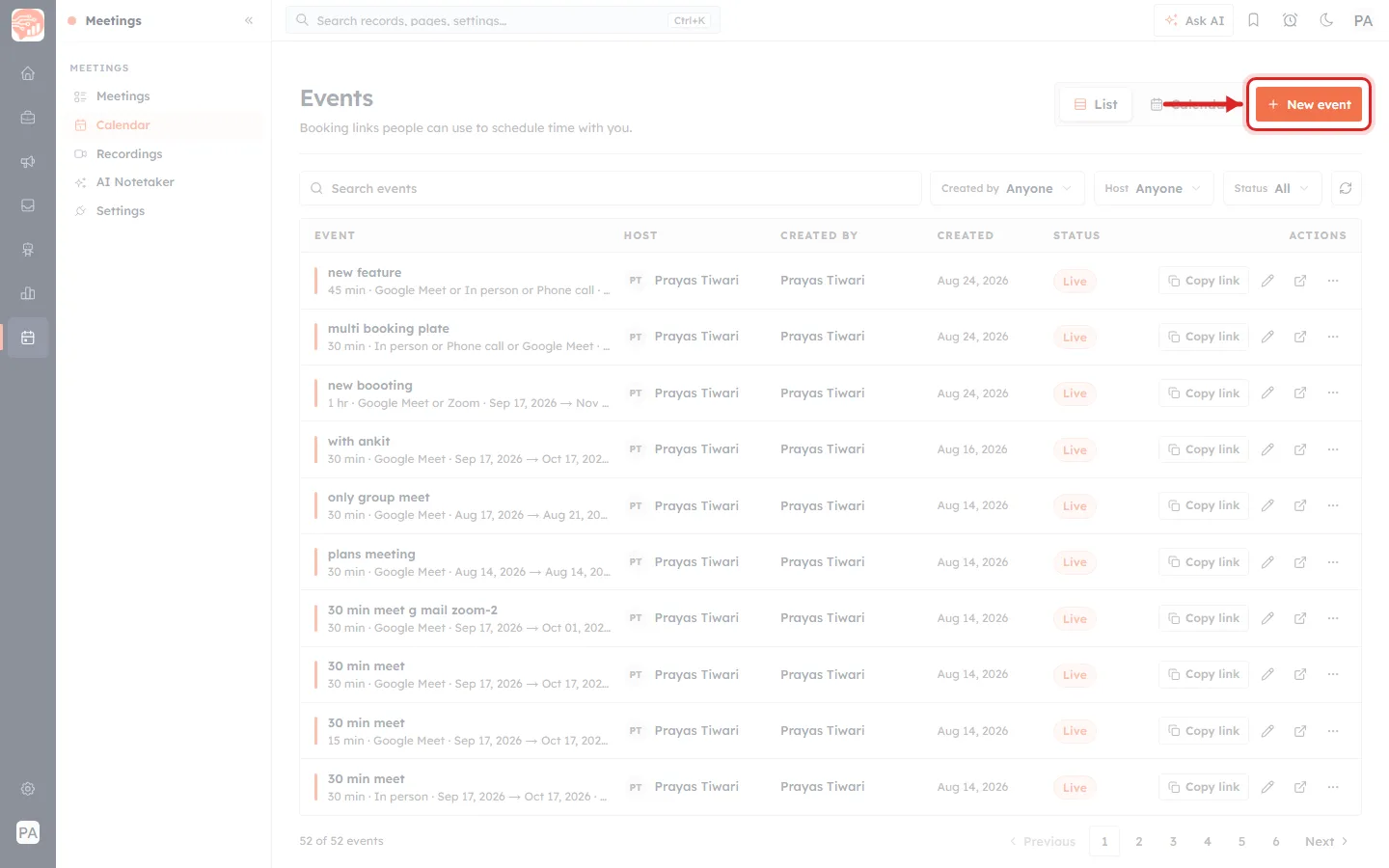 The Events screen under Meetings → Calendar. A red box and arrow point at the orange New event button in the top right.