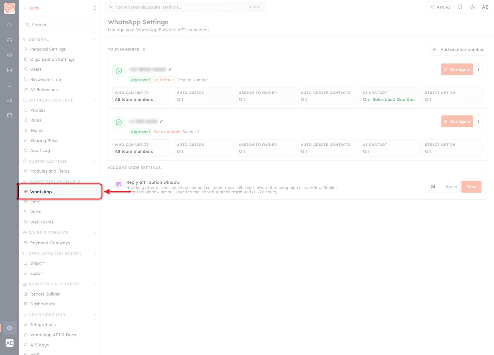 The WhatsApp entry under Marketing Channels in the CRM settings sidebar