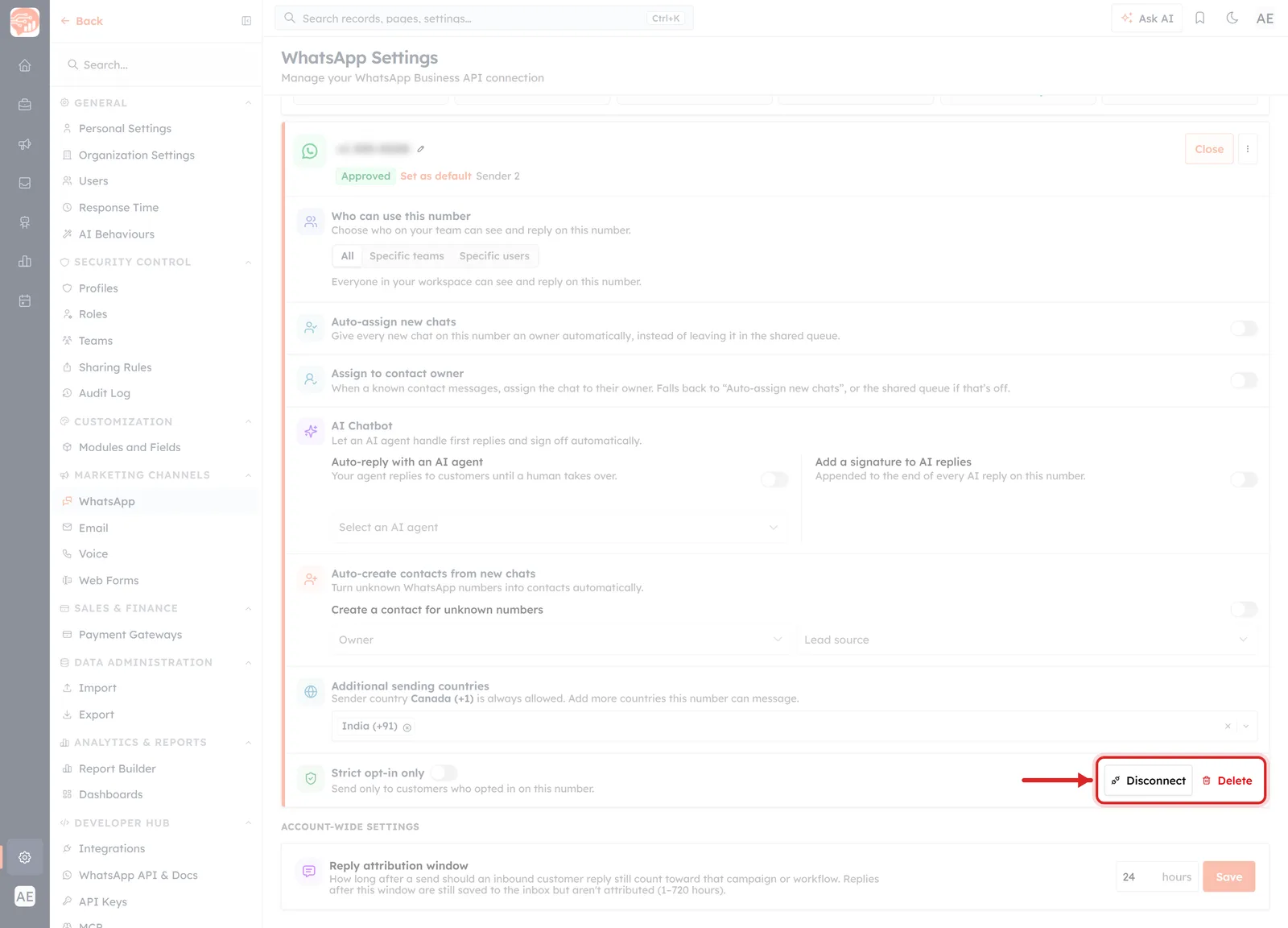 Disconnect and Delete at the foot of the Configure panel