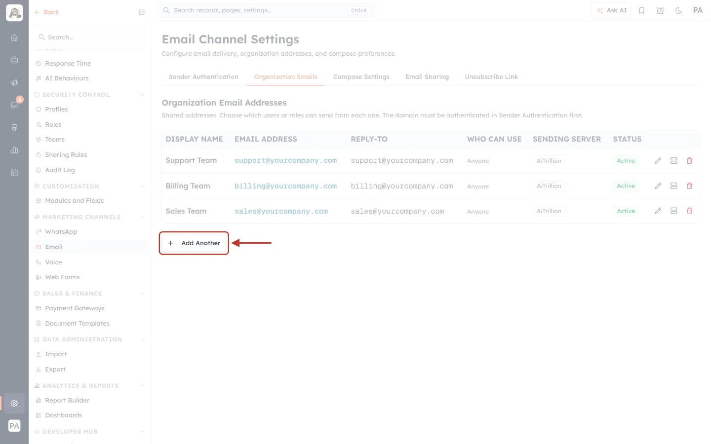 The Add Another button under the organization email table