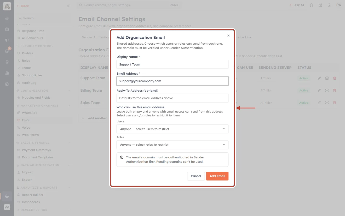 The Add Organization Email form filled in for Support Team