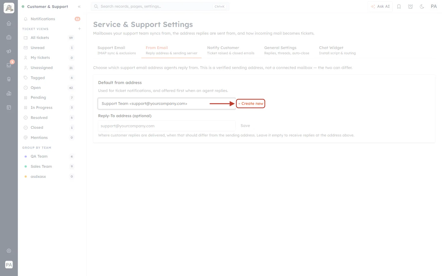 The Create new link next to the default from address