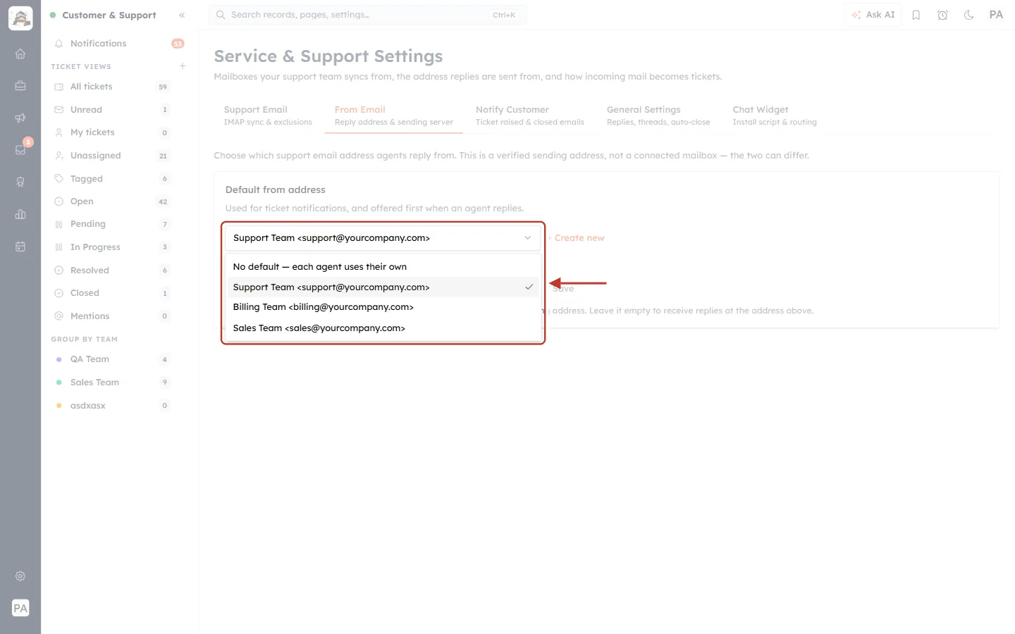 Default from address list with No default and three sending addresses