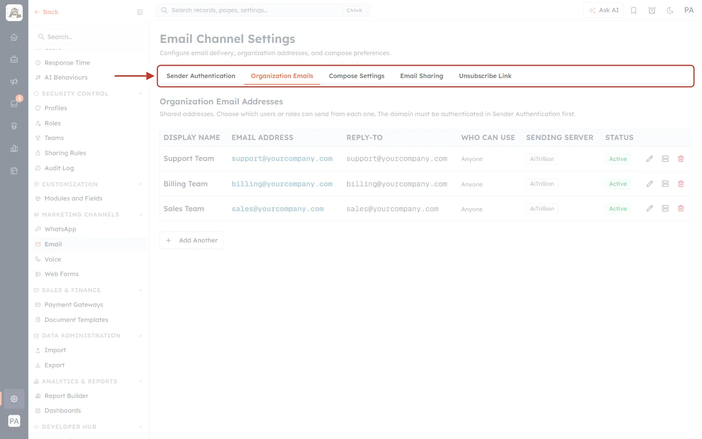Email Channel Settings tabs with Organization Emails selected