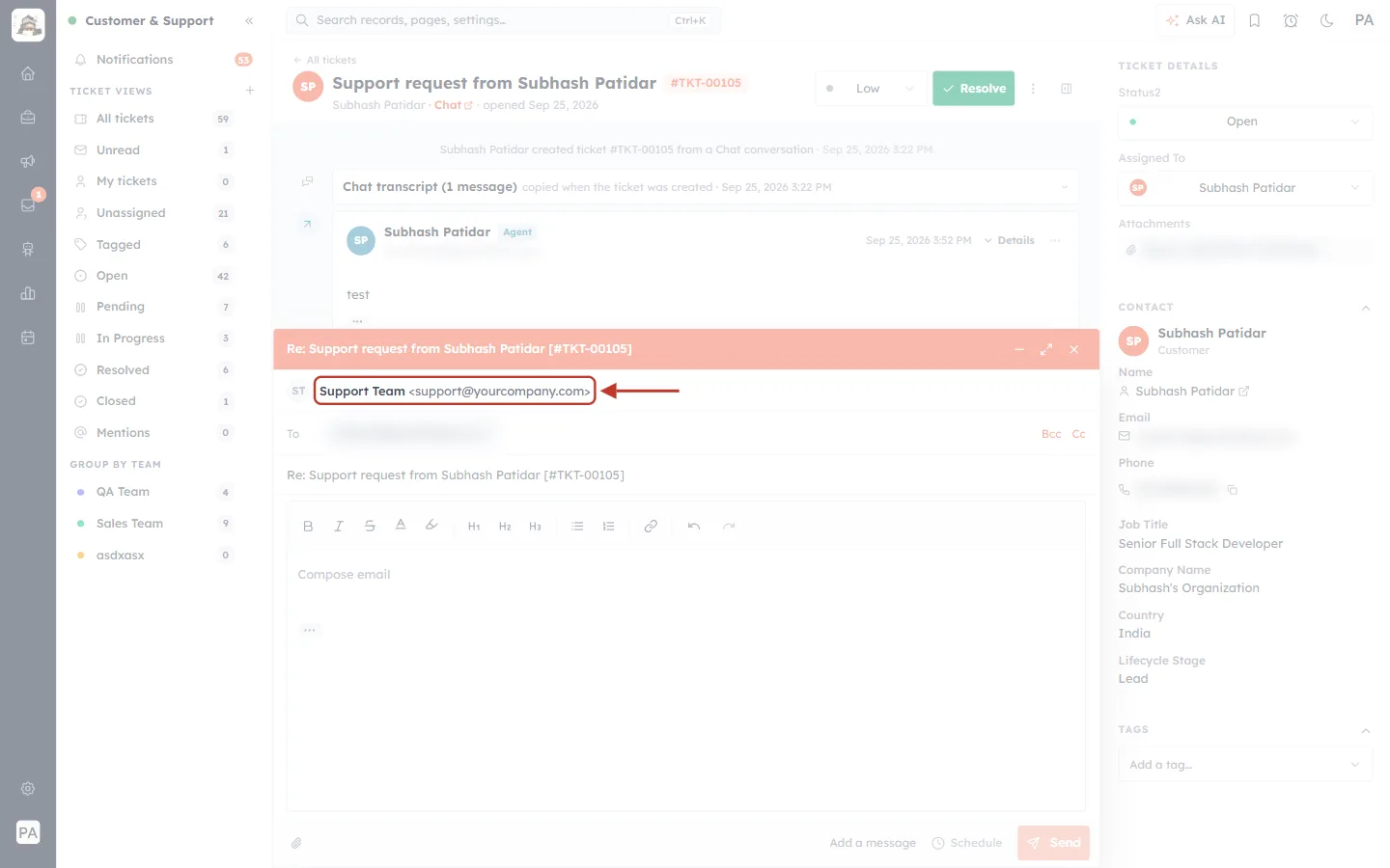The From line of a ticket reply set to Support Team