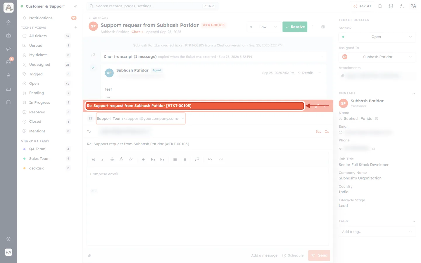 The reply subject with the ticket number
