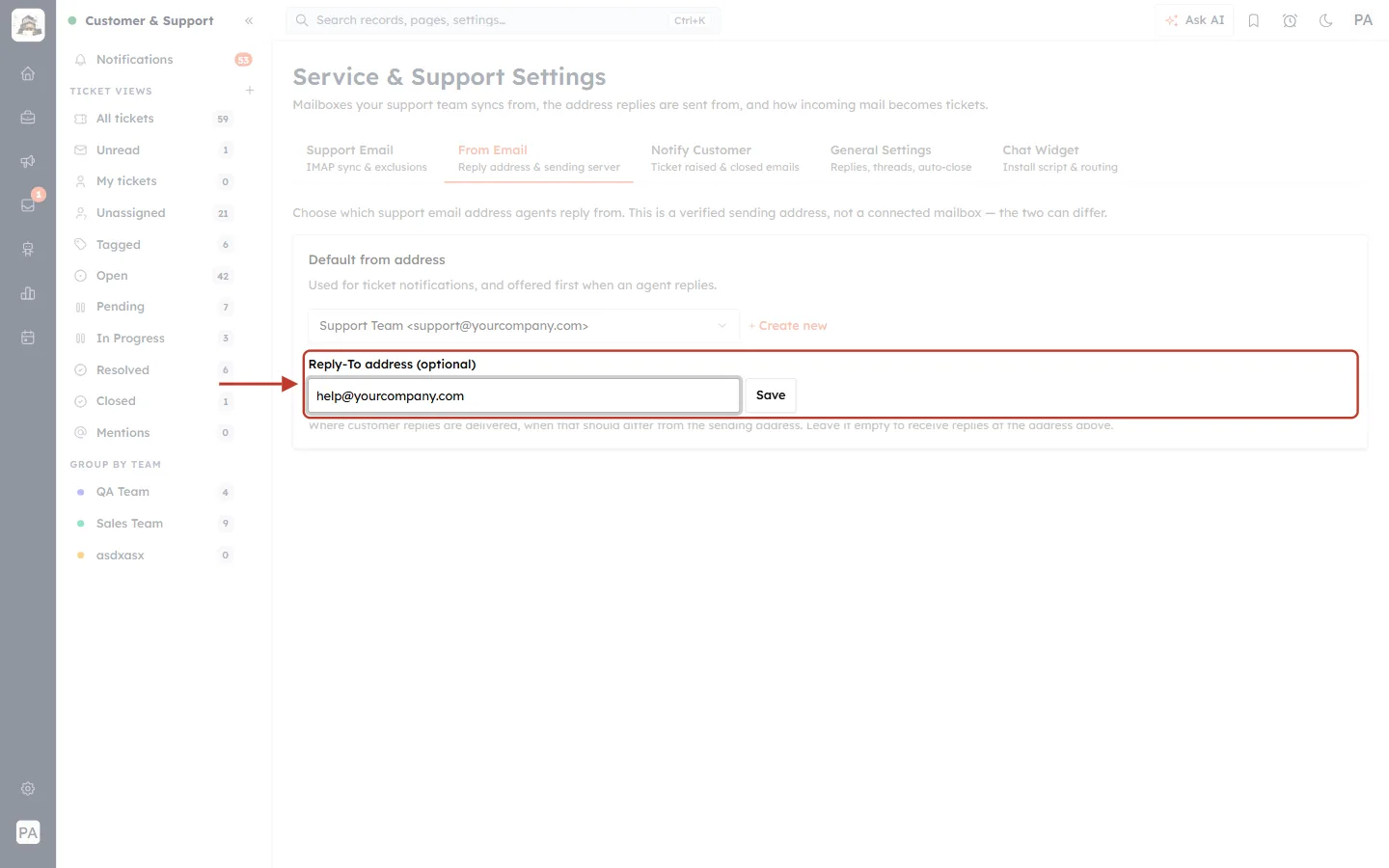 The Reply-To address field with help@yourcompany.com typed in