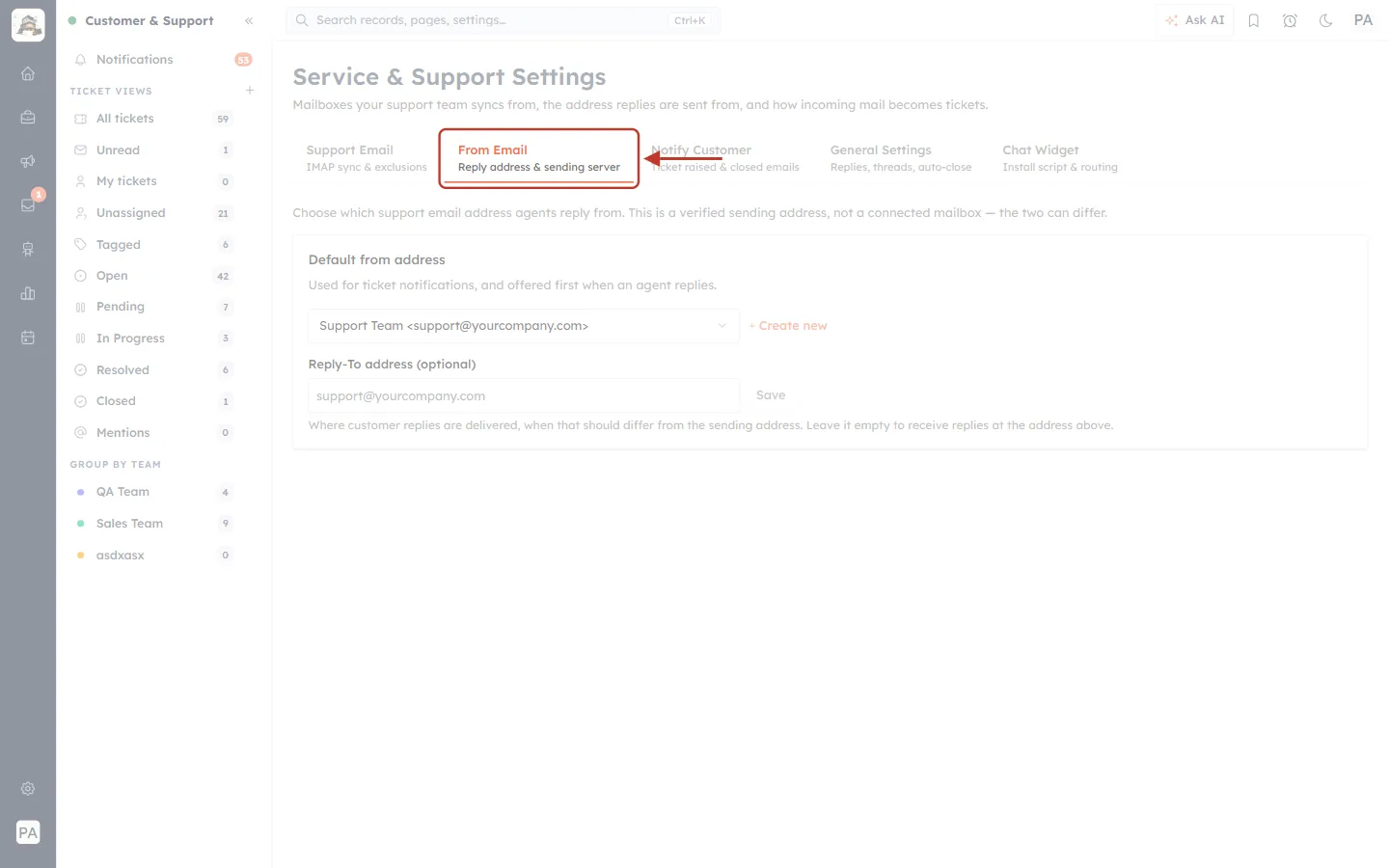The From Email tab in Service & Support Settings