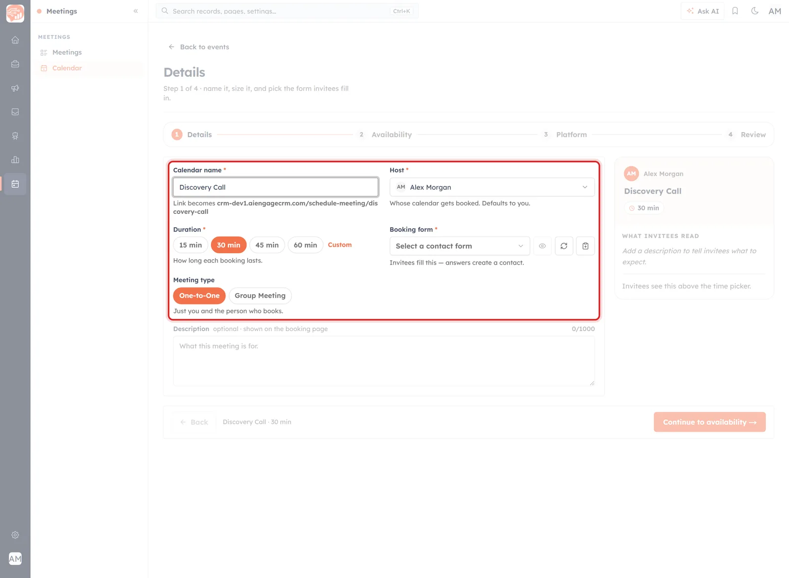 Step 1 of the Calendar wizard with the Booking form field and its controls highlighted