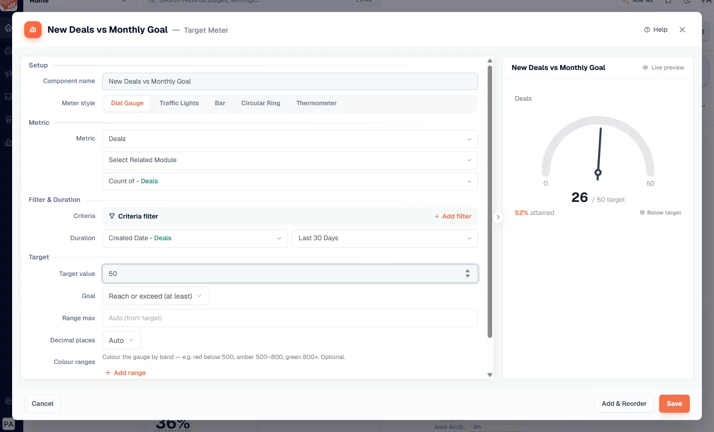 A finished Target Meter previewing 26 out of a target of 50, at 52% attained
