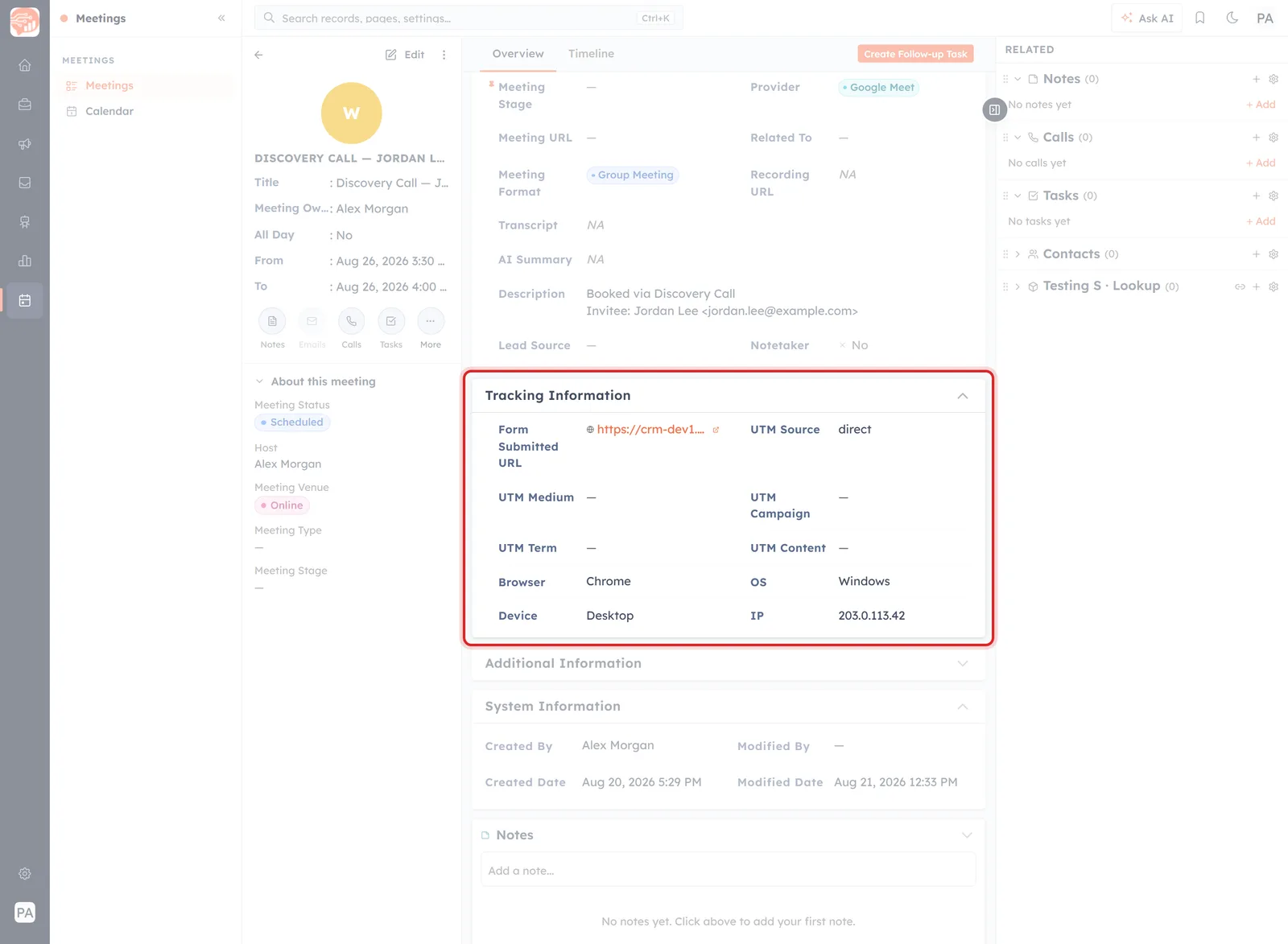 A booked meeting with the Tracking Information block highlighted