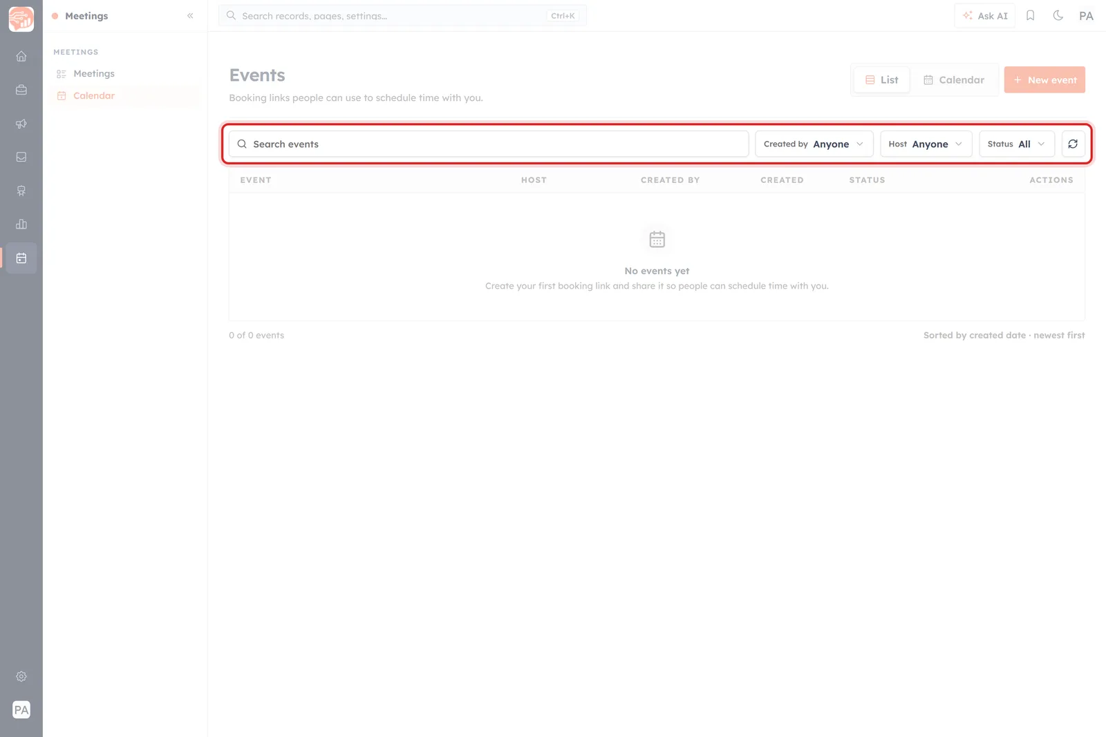 The Events toolbar highlighted: the search box, the Created by, Host and Status filters, and the refresh button