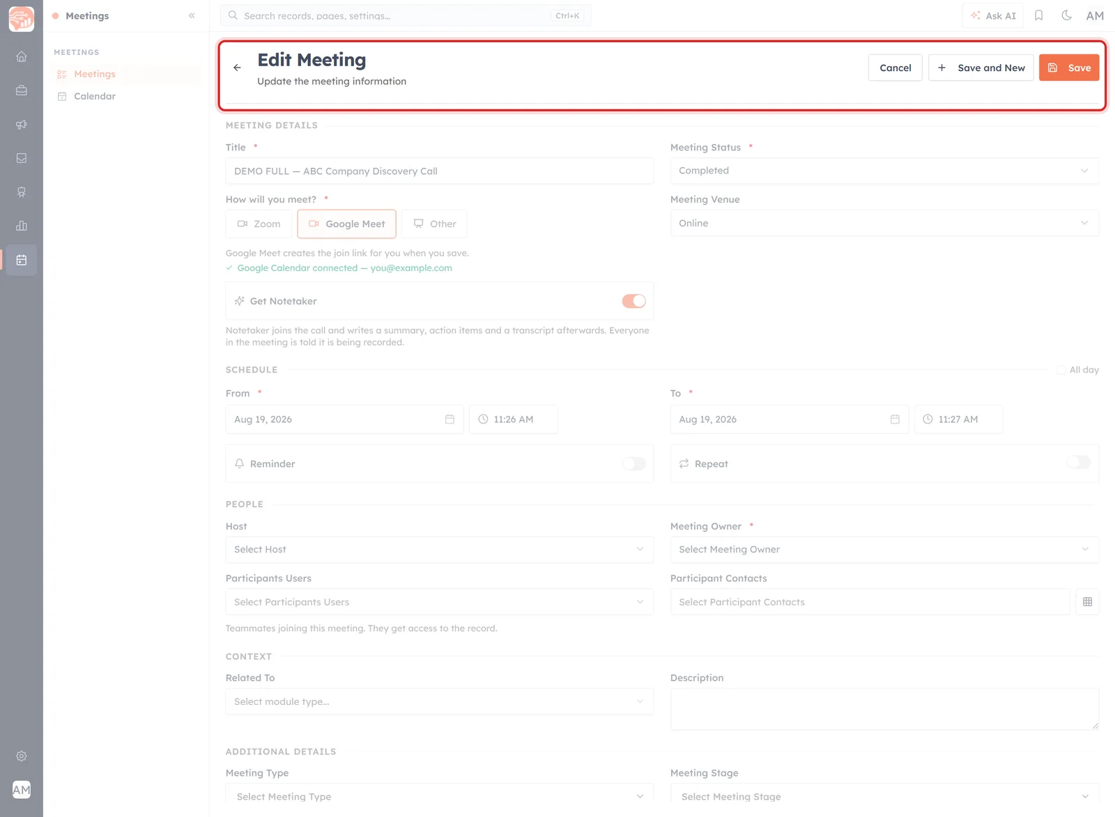 The Edit Meeting form with its header and buttons highlighted