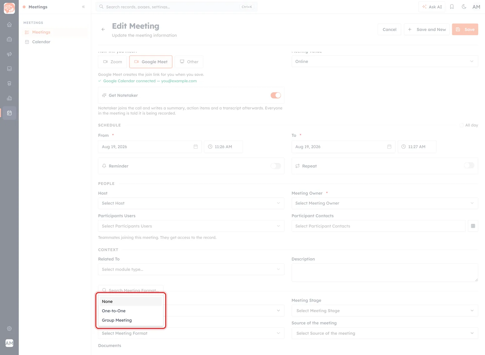 The Meeting Format list open on a meeting record