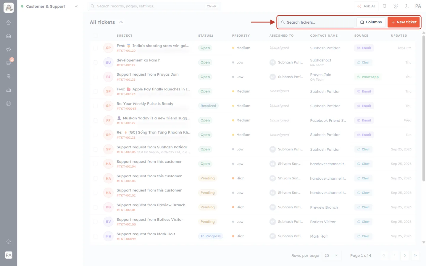 Search tickets, Columns and New ticket