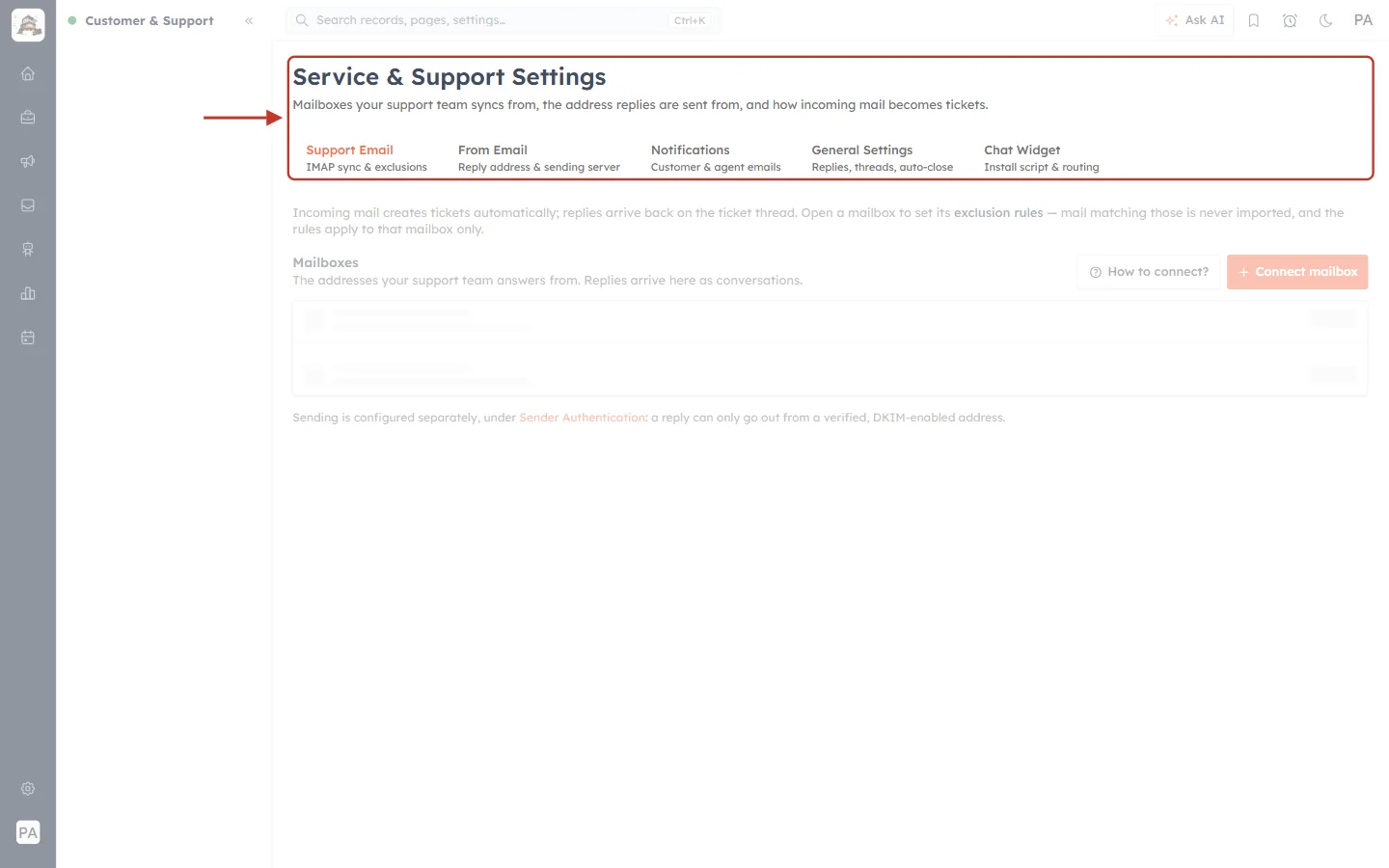 Service & Support Settings tabs