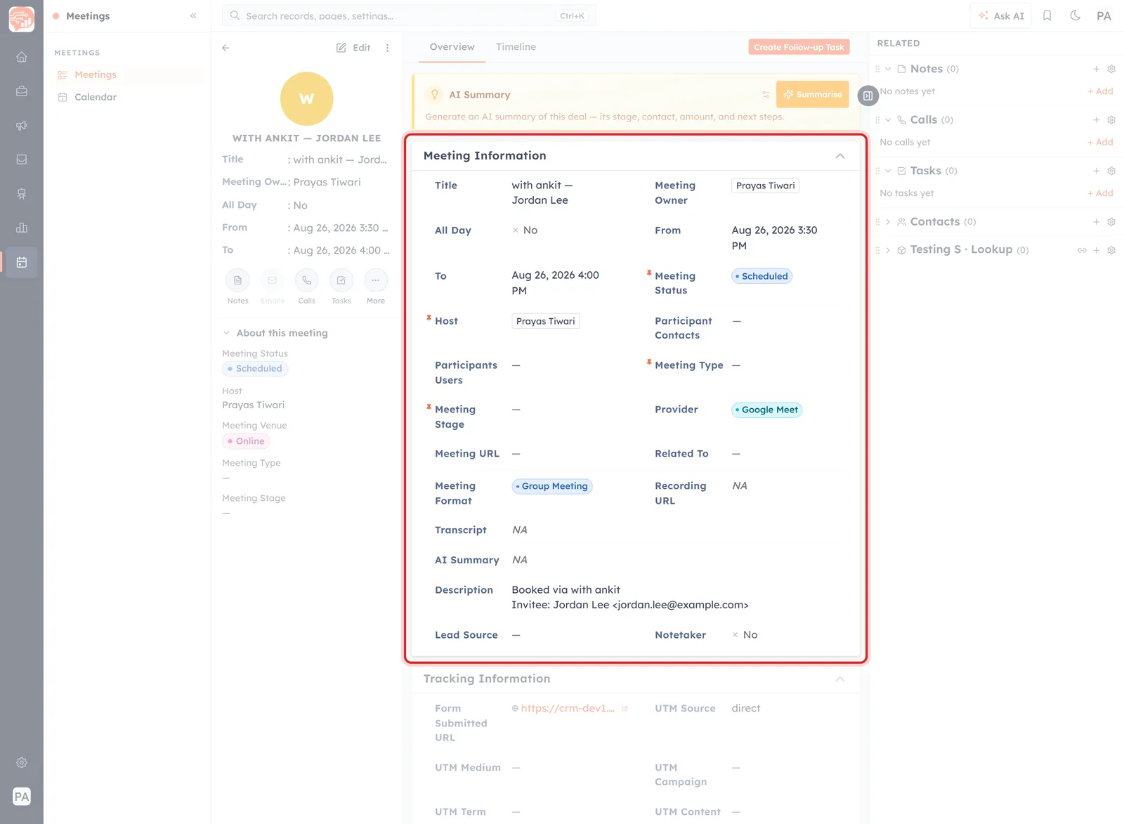 A booked meeting open in the Meetings module, with the Meeting Information block outlined in red