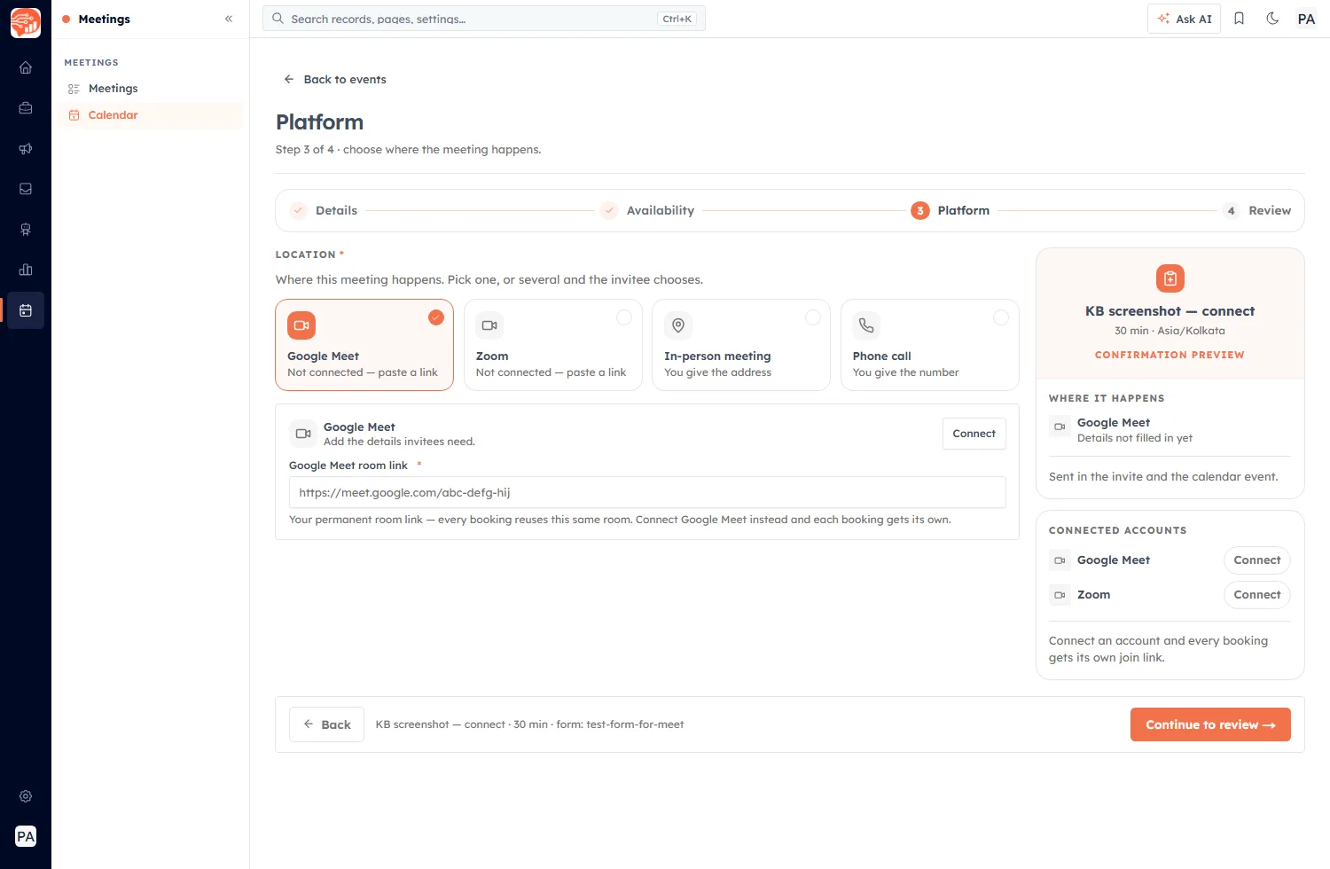 The Platform step with Google Meet selected, showing the Google Meet room link field and its Connect button