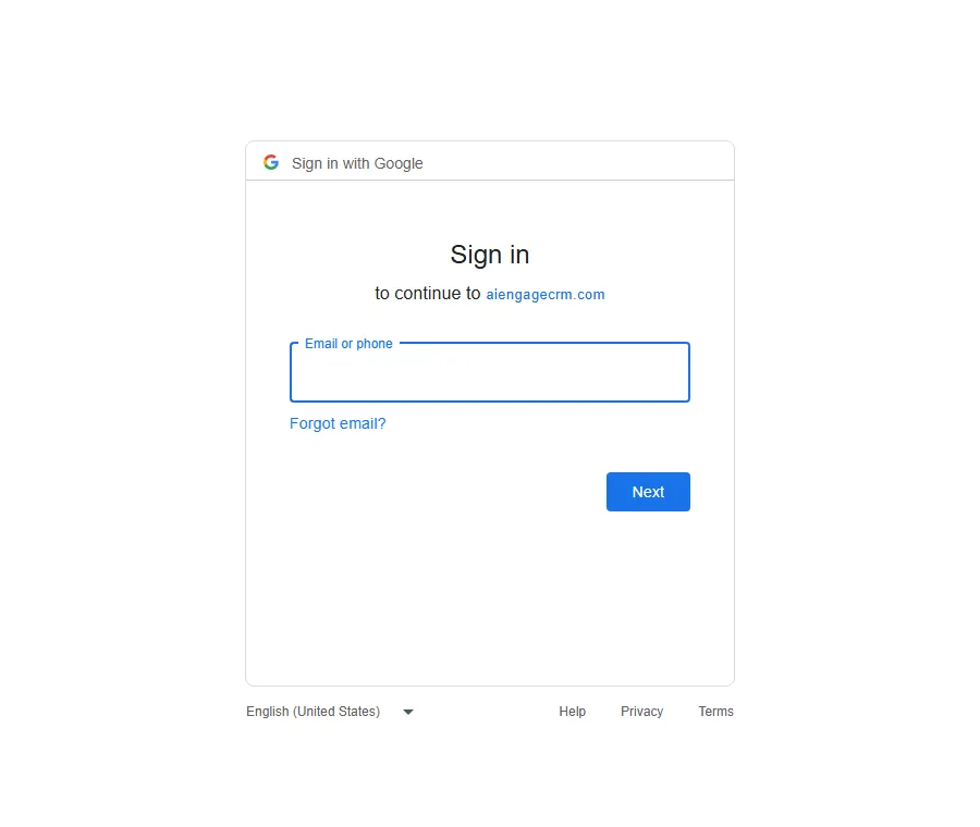 The Sign in with Google window that opens, headed “to continue to aiengagecrm.com”