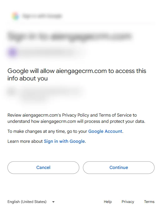 Google’s consent screen, reading “Google will allow aiengagecrm.com to access this info about you”
