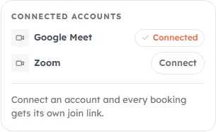 The Connected accounts panel with Google Meet showing as Connected and Zoom still offering Connect