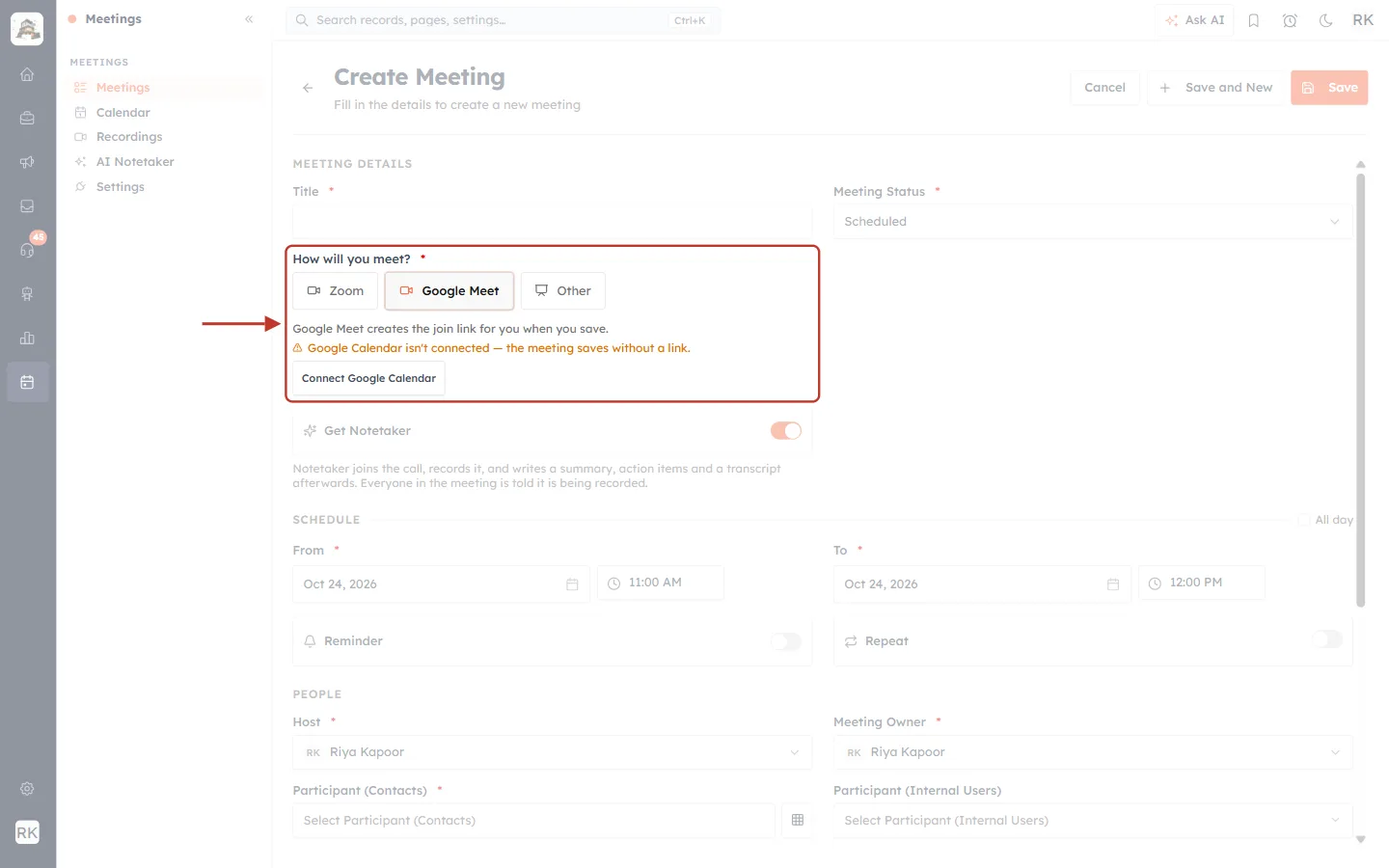 Create Meeting form warning that Google Calendar isn’t connected