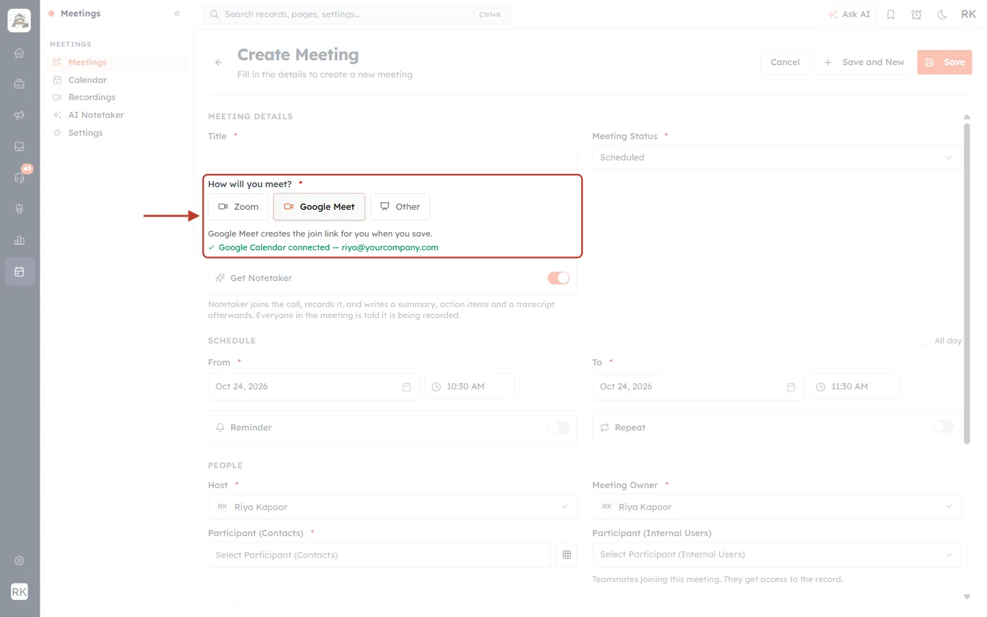 Create Meeting form with Google Meet selected and Google Calendar connected