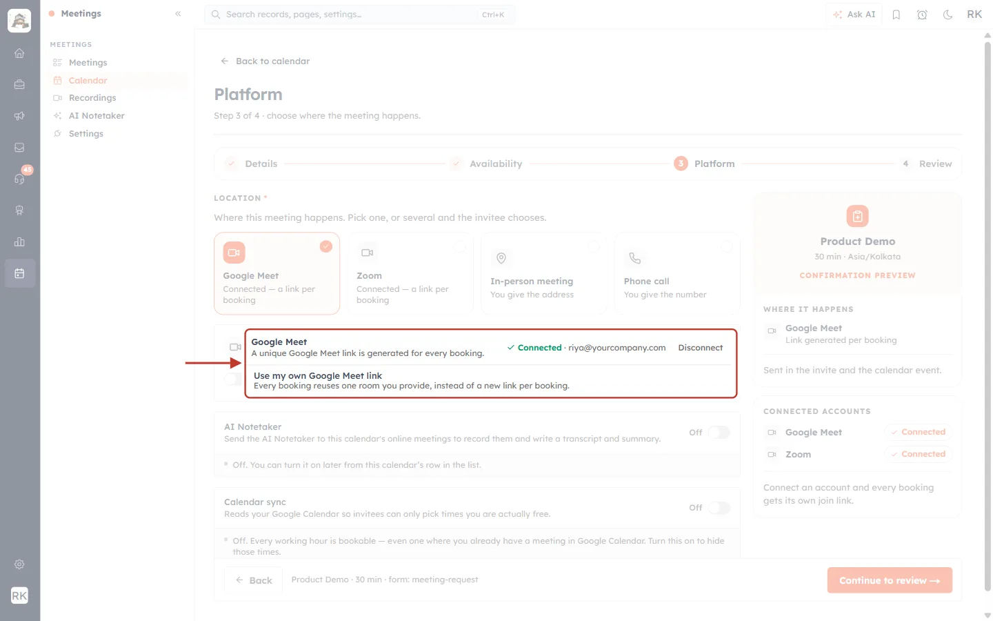Google Meet card showing Connected with the account and Disconnect