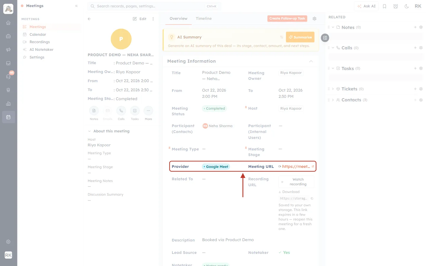 Provider Google Meet and the Meeting URL