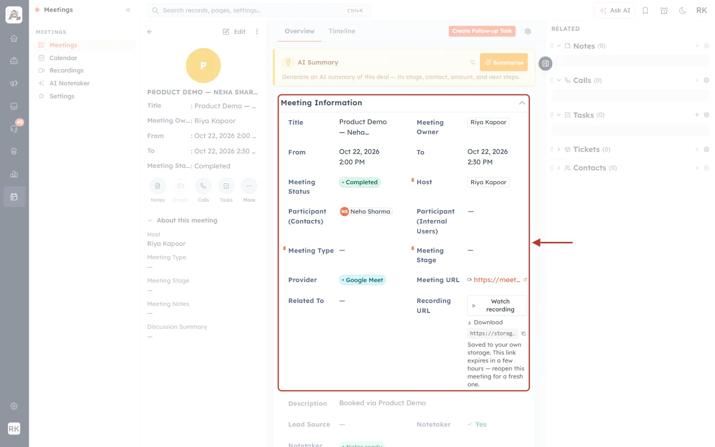 Meeting Information for a completed Google Meet meeting