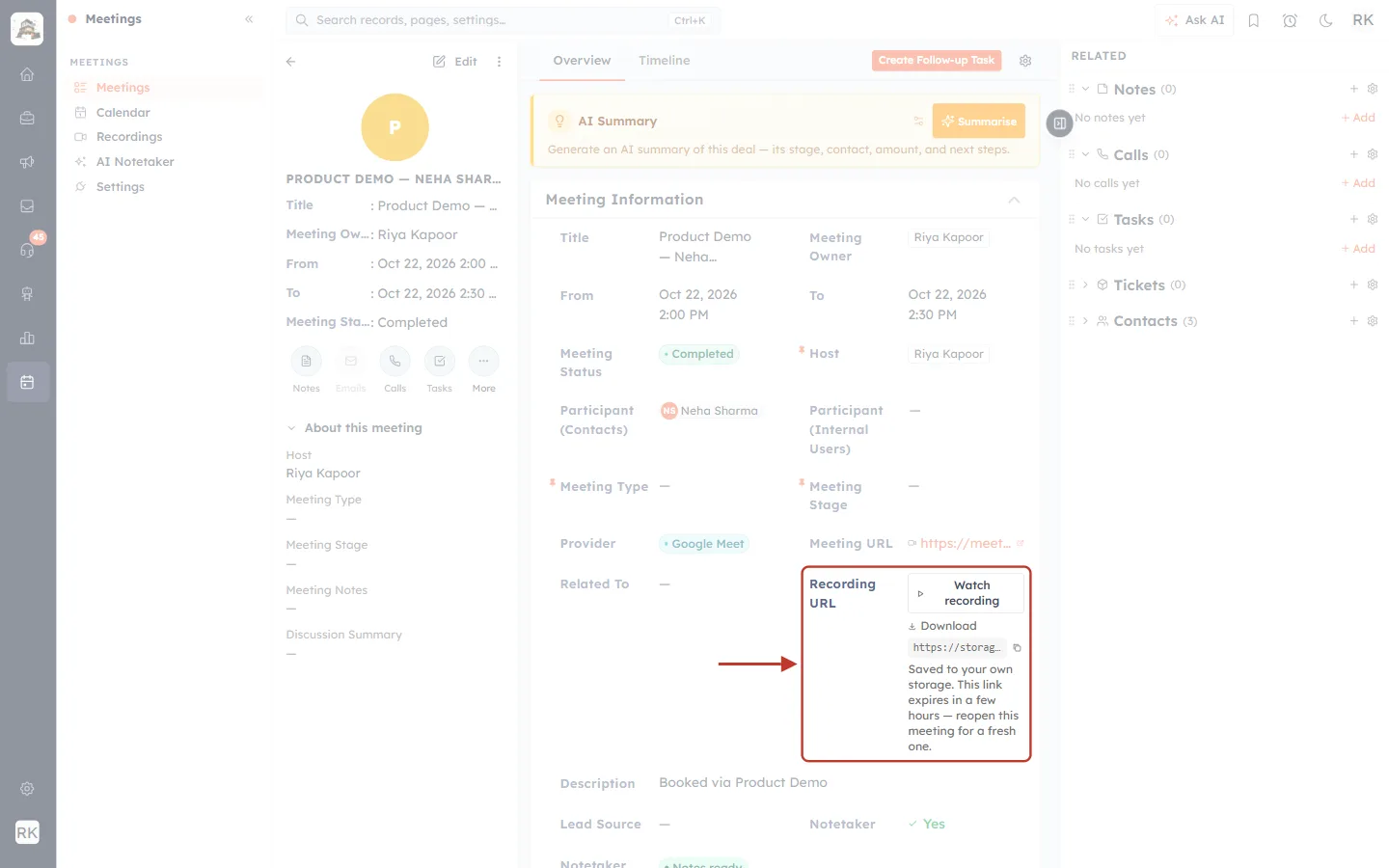 Recording URL with Watch recording and Download