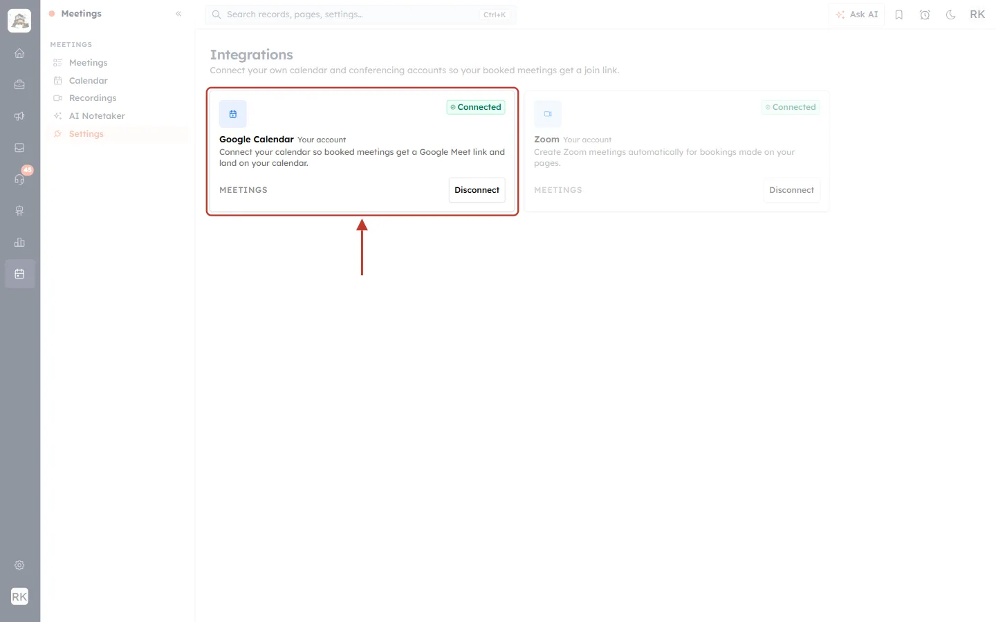 Google Calendar card connected