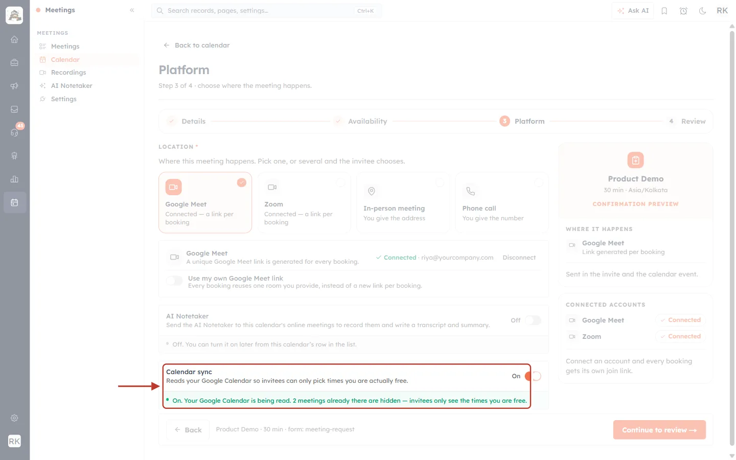 Calendar sync switched on and reading Google Calendar