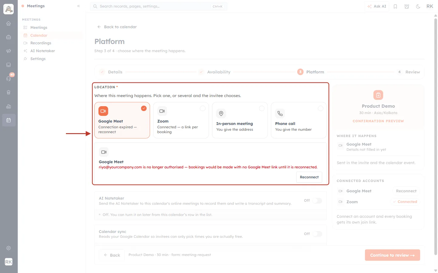Google Meet connection expired with a Reconnect button