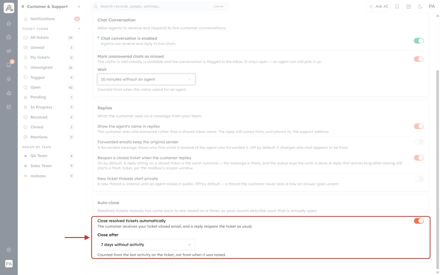 Auto-close: Close resolved tickets automatically after 7 days